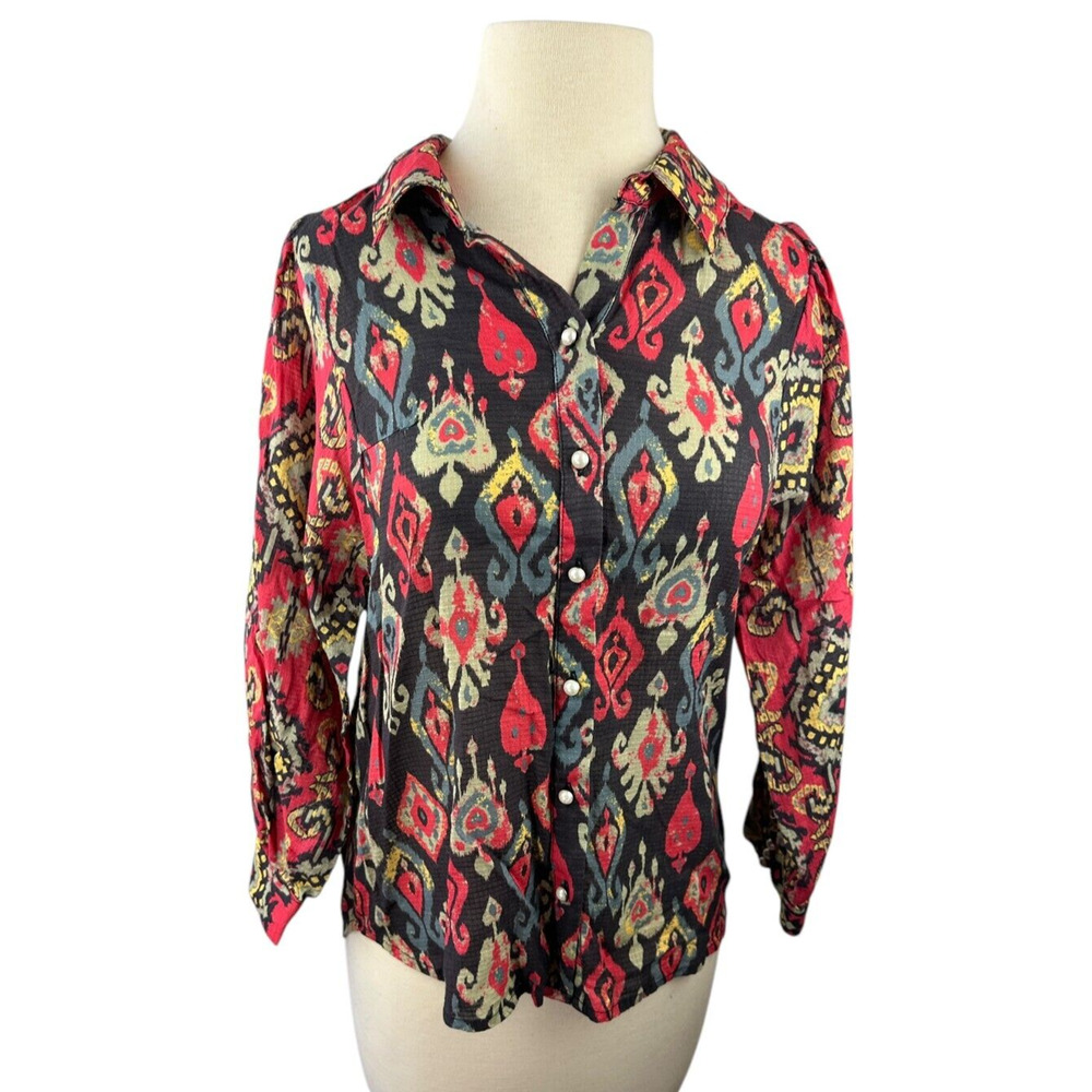 Anthropologie Forever That Girl Ikat Paisley Contrast Print Top Button Blouse XS - Picture 2 of 16